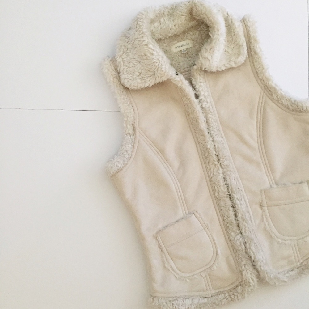 Cream & White Faux Suede Fur Lined Vest - Small